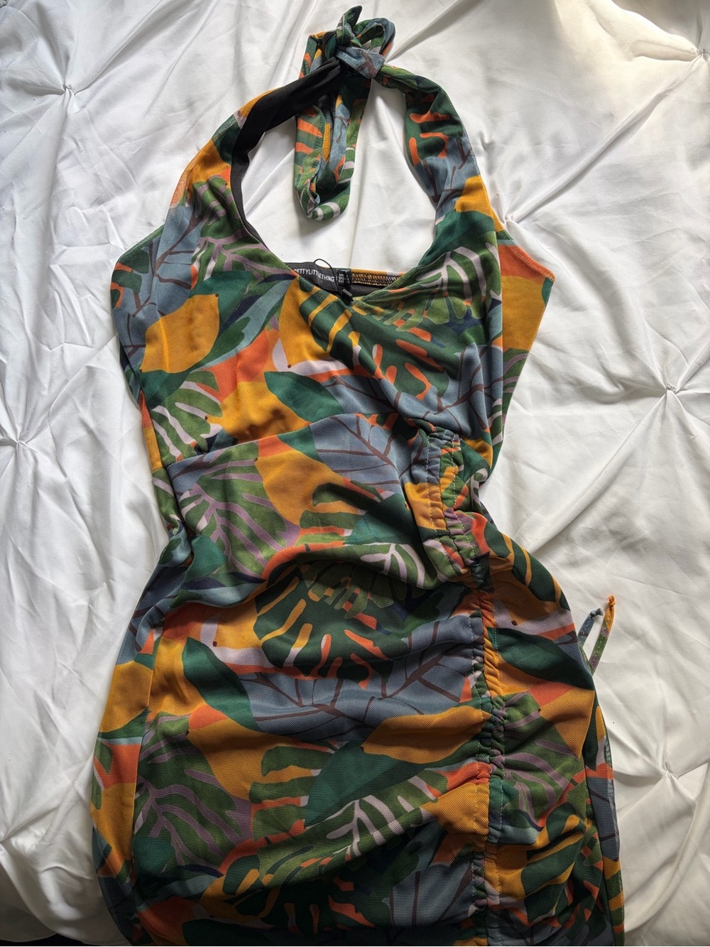 Pretty Little Thing Tropical Leaf Halter Mini Dress with Ruched Details
